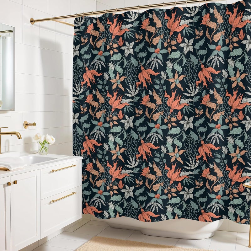 Worthwhile Goods Dark Coral Floral Print Shower Curtain - Moody Modern Black Flowers Pattern - Modern Home Decor - Vintage Botanical Style Cool Fabric Shower Curtain For Any Bathroom - 72x72 Inches (Dark Floral) - Image 1
